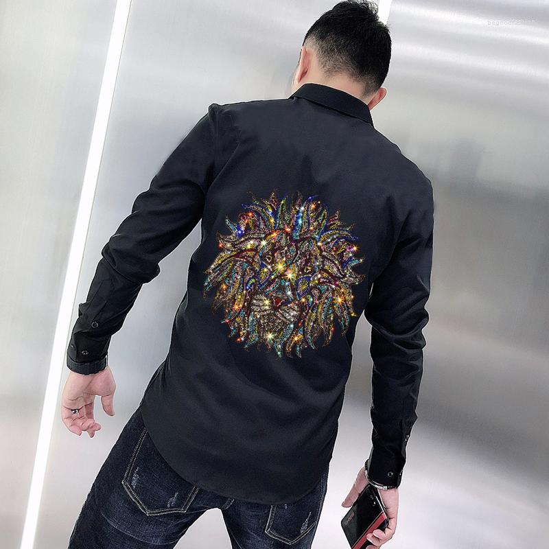 

Men's Casual Shirts Original Spring Men's T-Shirt Exquisite Pure Cotton Diamond Style Business Long Sleeve Formal Lapel Rhinestone, As shown asian size