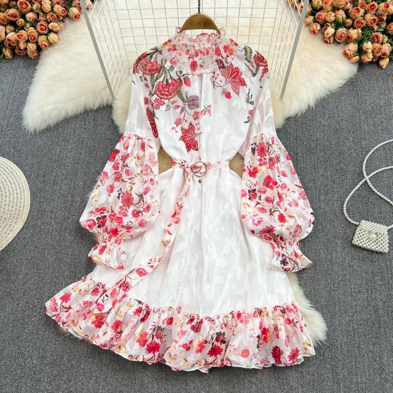

Casual Dresses Vintage 2022 Summer Autumn Long Lantern Sleeve Floral Print Shirt Dress Women Fish Tail Mermaid Pleated Short Robe Vestidos, Pink