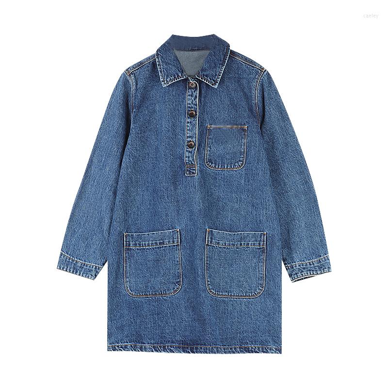 

Casual Dresses Retro Denim Skirt Women's Dress 2022 Spring Autumn Thin Coat Polo Collar All-Match Loose Jacket, Blue