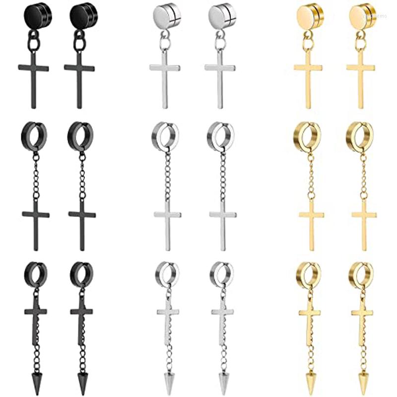 

Backs Earrings 9 Pairs Stainless Steel Mens Clip On Non Piercing Cross Unisex CZ Hoop Dangle For Women