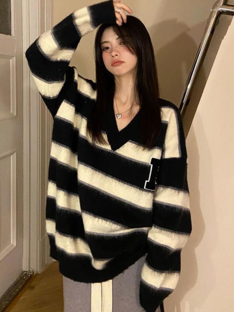 

Women' Sweaters HOUZHOU Harajuku Striped Loose Sweater Women Autumn Winter Oversized Knitted Pullovers Korean Fashion Streetwear Vintage, Black