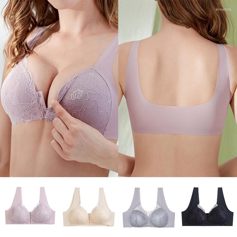 

Bras Sexy Women Underwear Push Up Bra Lingerie Lace Thin Brassiere Classic Solid Color No Trace Steel Ring Front Button, Black