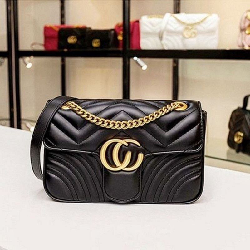 

G Good Quality women designer Shoulder Crossbody bags leather Cross body chain bag Pure color womens handbag purse FEMMES satchel hand bag GucciGG1064, Black