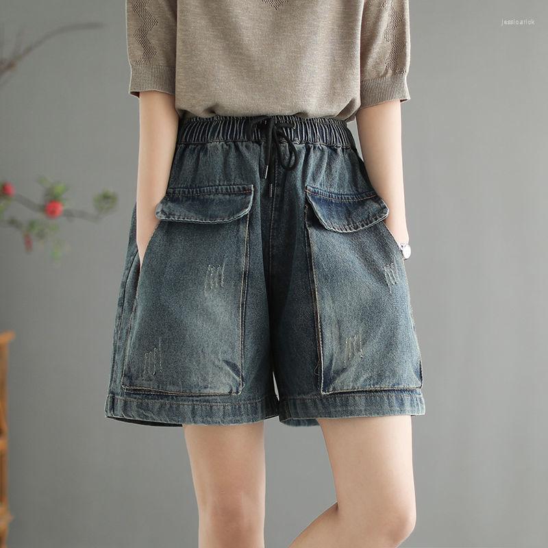 

Women' Shorts Women' Denim Big Pocket Oversize Vintage Wide Leg Short Pants Woman Summer Casual Elastic Waist Jeans 2022, Black