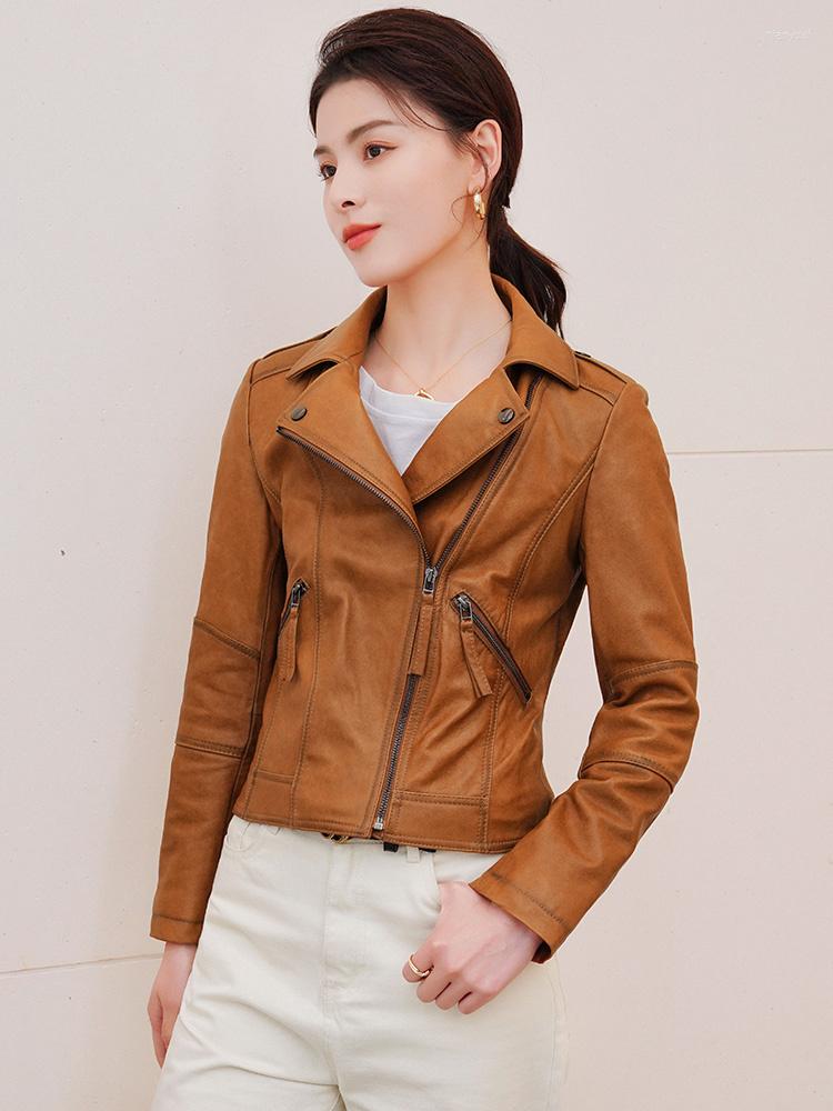 

Women's Leather Small Coat Women's Short Korean Locomotive Haining Sheepskin, Agate yellow