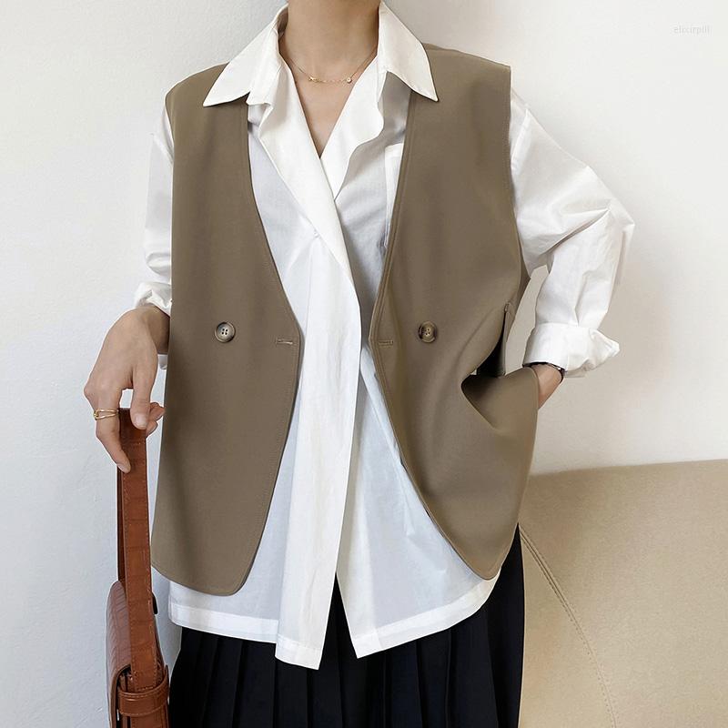 

Women's Vests 2022 Summer Women's Vest Jacke Sleeveless Blazer Suit Loose Korean Fashion Working Wear Black Ladies Clothing Female 5126, Khaki