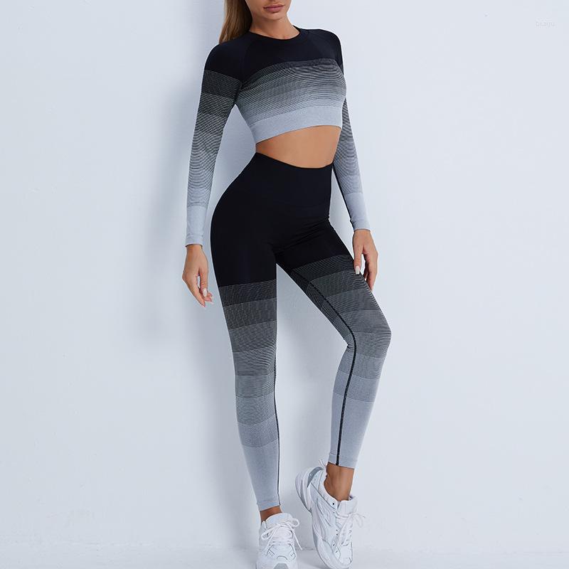 

Active Sets Seamless Gradient Yoga Sports Fitness High Waist Hip Lift Pants Long Sleeve Suit Workout Clothes Gym Leggings Set For Women, Purple set