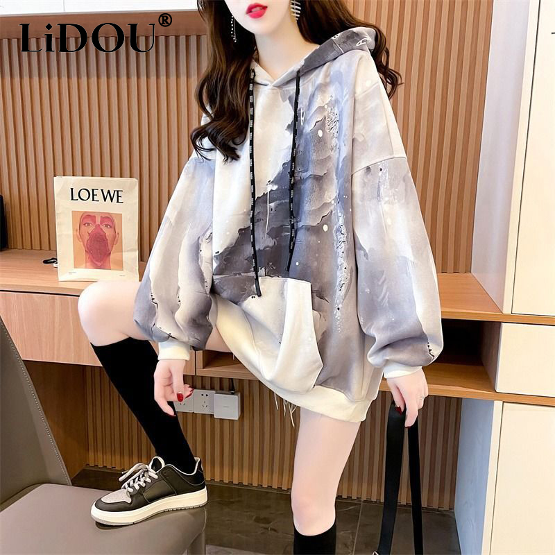

Women's Jackets Autumn Winter Vintage Ink Tie Dye Print Loose Casual Hoodies Top Women Hipster Fashion Jumper Korean Style Streetwear Pullover 221201, Gray