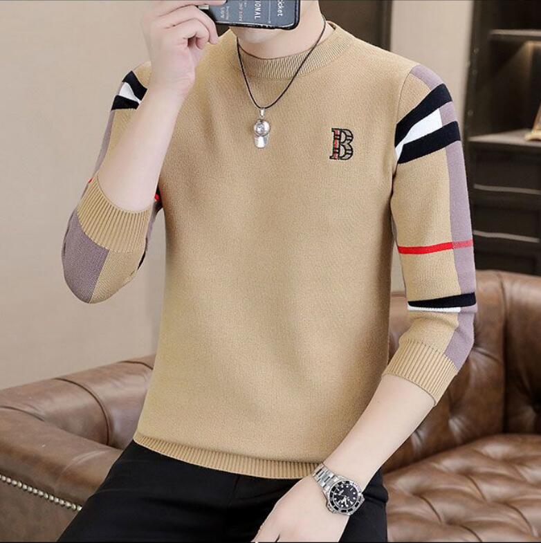 

Brand Warm Sweater Pullover Men Clothes Autumn Winter New Fashion Half Turtleneck Arm plaid Knitwear Jumper Bottoming shirt pullover, Customize