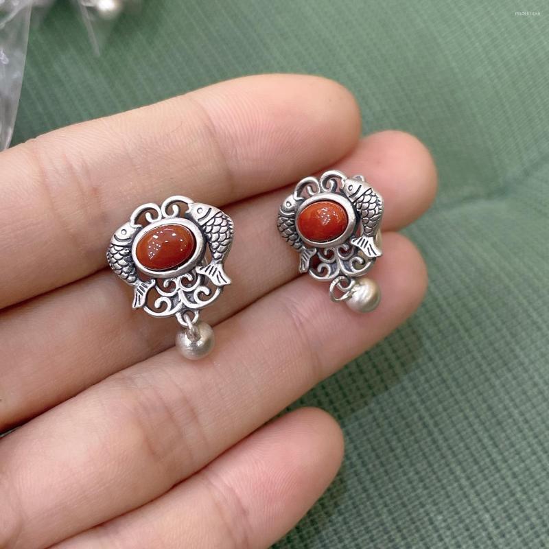 

Stud Earrings Cute 925 Sterling Silver South Red Agate Fish Retro Matte Bead Ear Buckle Jewelry For Women EH055