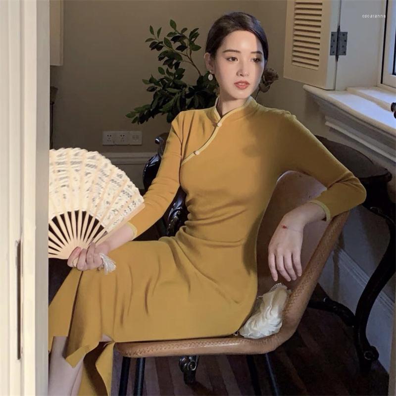 

Ethnic Clothing Cheongsam Dress Chinese Traditional Fashion Costume For Women Vintage Slim Solid Color Skirt Girl Elegant Year Party Clothes
