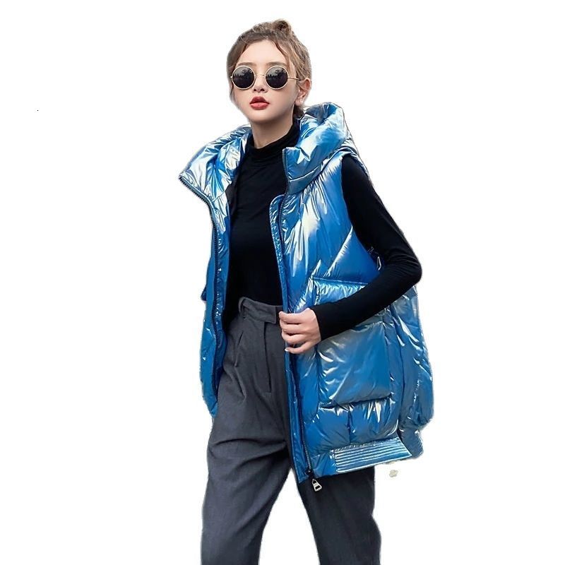 

Women's Vests Autumn Winter Bright Face Down Cotton Vest Women Middle And Long Hooded Waistcoat Fashion Pocket Warm Vest Coat Female Tops 221202, Black