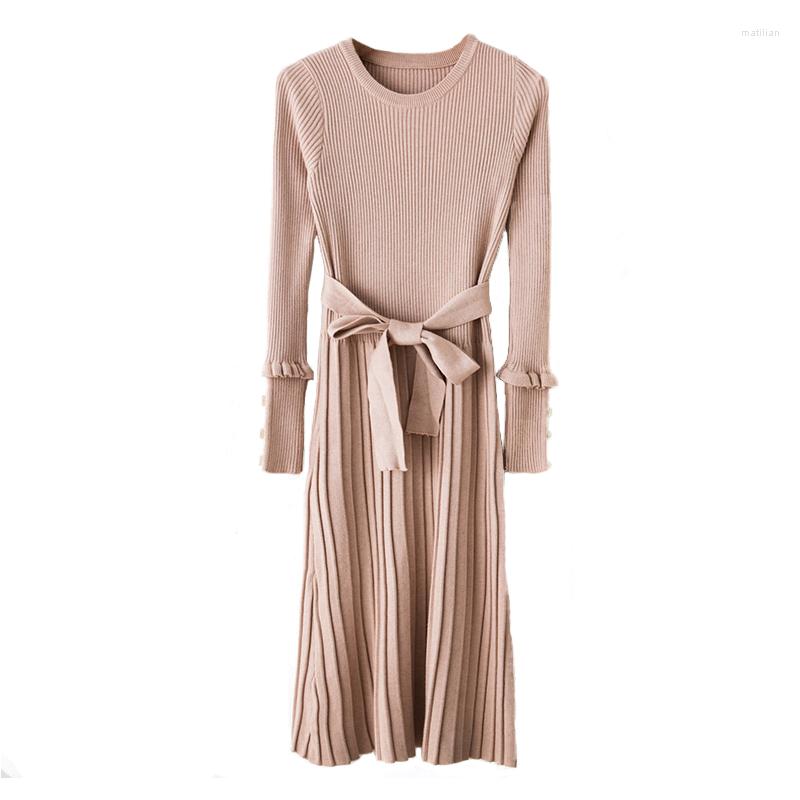 

Casual Dresses Autumn Winter Knit Dress Women' Sweater Pullover Long Elegant Round Neck Slim Female Bottoming Shirt, Khaki