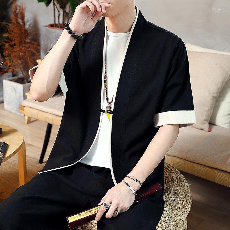 

Men's Casual Shirts Men's Kimono Cardigan Japanese Style Cotton Seven Sleeves KongFu Yoga Open Front Coat For Male, Black