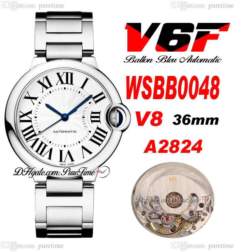 

V6F V8 SBB0048 36mm A2824 Automatic Unisex Watch Mens Womens White Dial Black Roman Markers Stainless Steel Bracelet Ladies Watches Eta Super Eiditon Puretime E03B2, Customized waterproof service