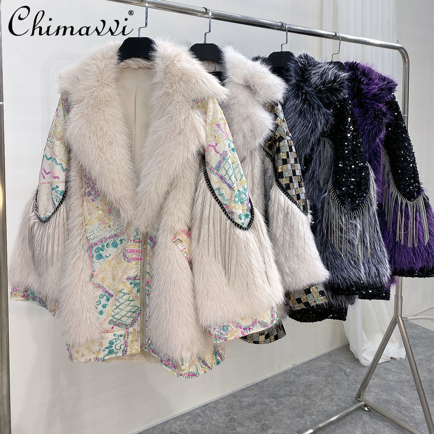 

Women's Fur Faux Winter Mid length Toka Integrated Coat Ladies Fashion Patchwork Thick Warm Lamb Wool Motorcycle Jacket 221202, Pearl tassel sleeve