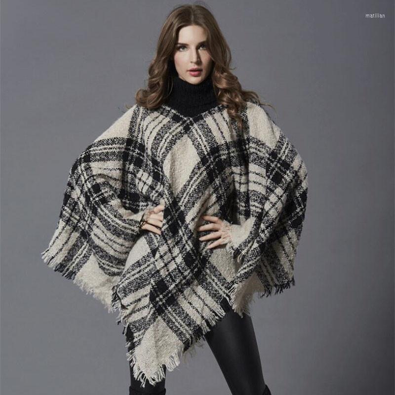 

Women's Sweaters Fashion Turtleneck Sweater Women Jumper Retro Plaid Mid-Long Cloak Shawl Autumn Winter Women's Bat Coat Outerwear C123, Red