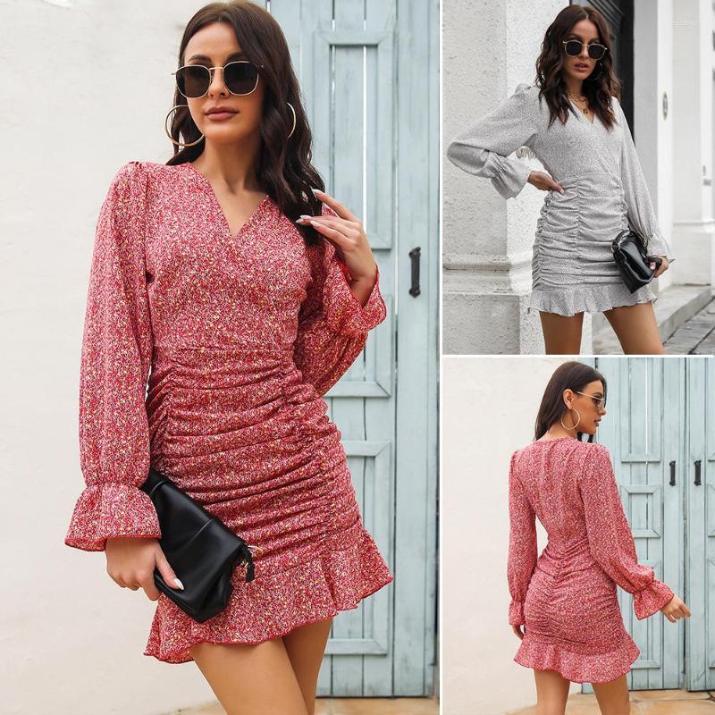 

Casual Dresses Chiffon Dress Pleated V-neck Flare Sleeve Short 2022 Spring Summer Long Ruffle Floral Printed Women Mini, Red