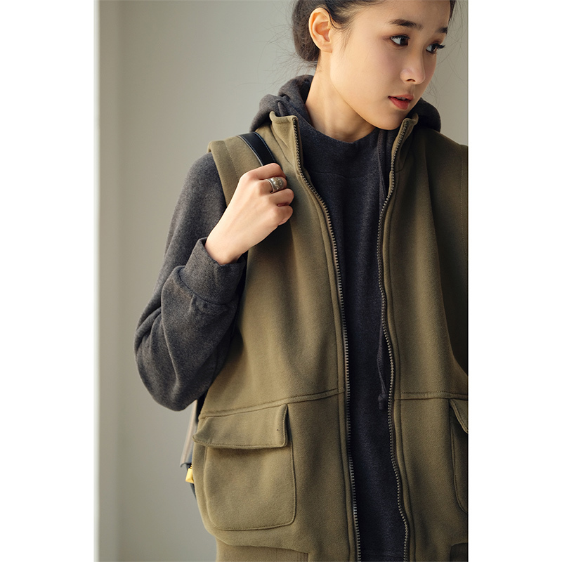 

Women's Vests MICOCO V6065C Korean version of the casual pocket thick loose zipper stand collar short style clip 221202, Black