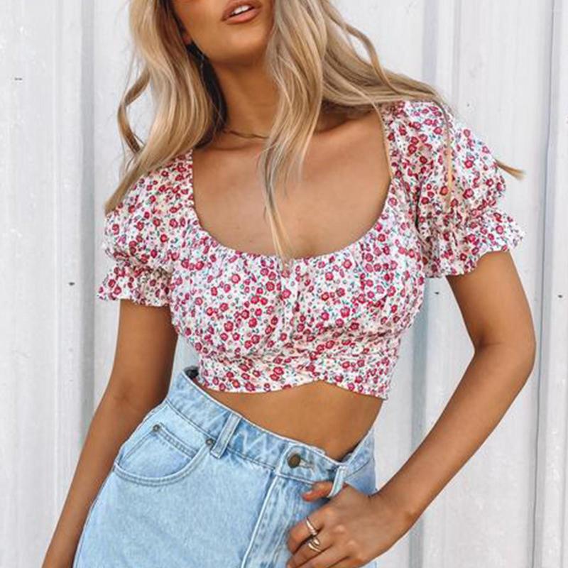 

Women' Blouses Women Elegant Pleated Top Short Sleeve Printing Tie Back Crop Shirts Off Shoulder Sexy Slim 3/4 For, Beige
