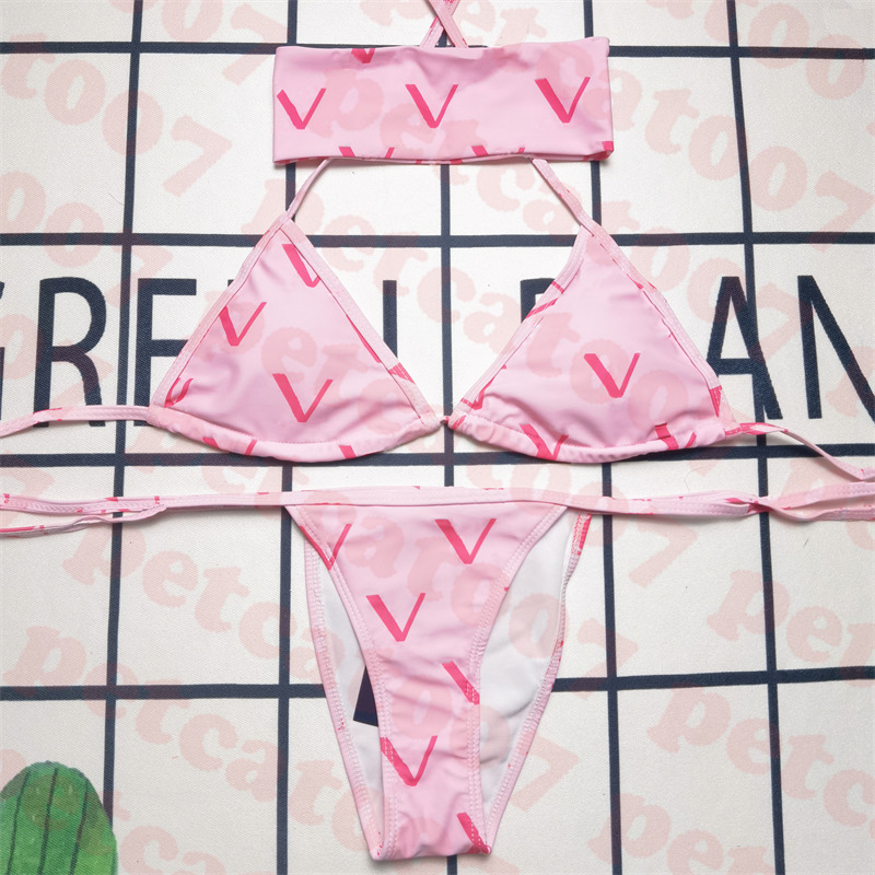 

Pink Letter Bikini Hair Band Three Piece Textile Brand Logo Womens Swimwear Classic Triangle Swimsuit For Women, Please contact me real pictures