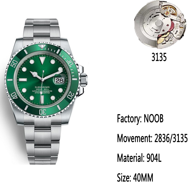 

Top Mens ETA2836&3135 Automatic watch mechanical movement Luminous Diving Sports Ceramic 904L Watch 40mm Ceramic Green Men Watches, 0.8mm