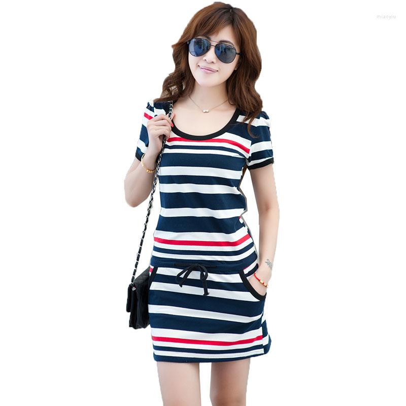 

Casual Dresses Women' Dress 2022 Summer Short Sleeve Drawstring Stripe Pack Hip Slim Fit Ladies Sports Vestidos A1863, Red blue stripes