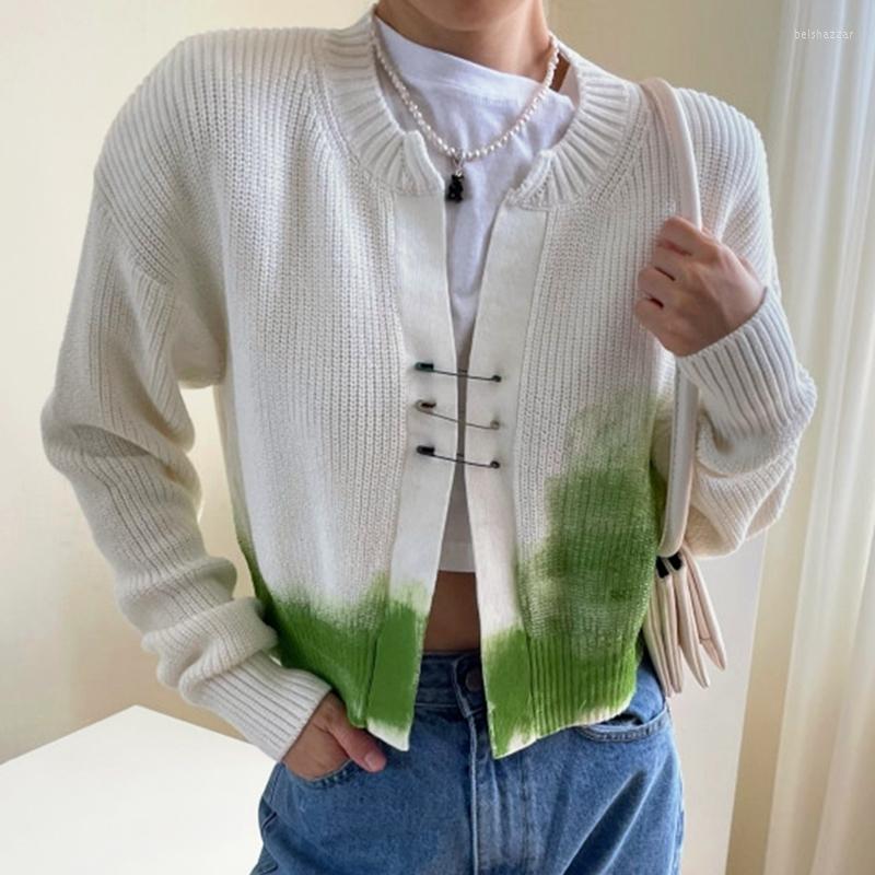 

Women's Knits Sannian Women Cardigan Autumn Niche Wild Round Neck Loose Rendering Contrast Color Casual Long-sleeved Knitted Sweater, Green