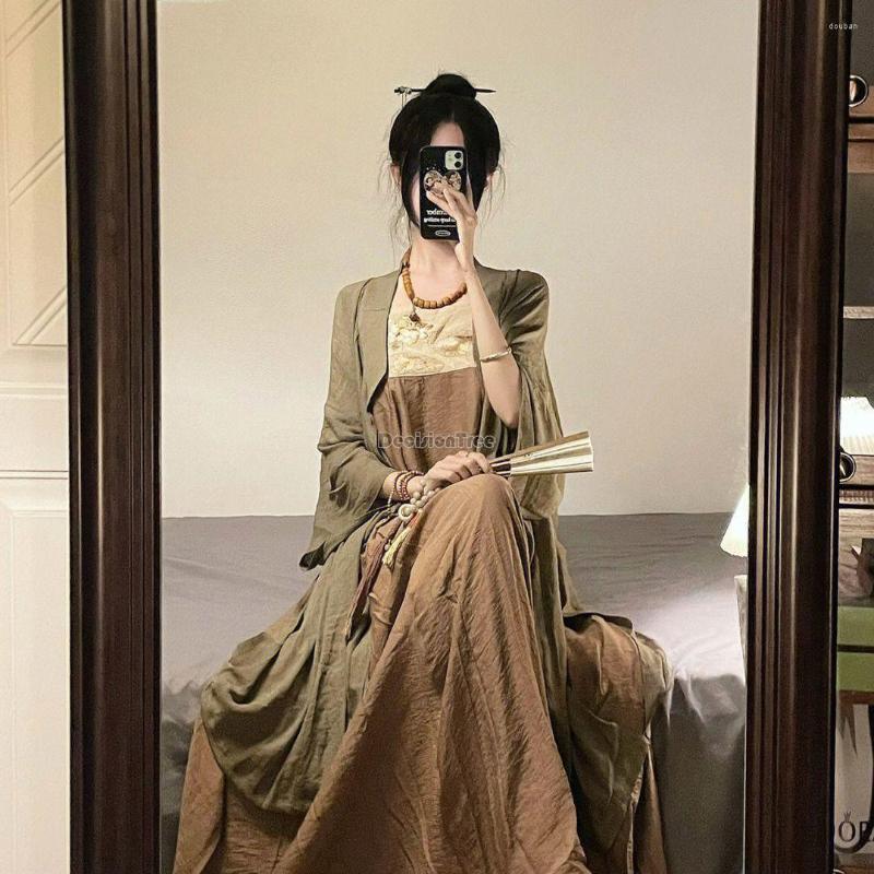 

Ethnic Clothing 2022 Summer Chinese Improved Hanfu Style Loose Retro Sleeveless Long Dress Elegant Women Casual Coat 2 Piece Set G606