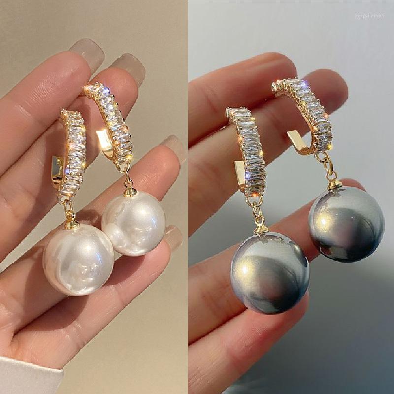 

Hoop Earrings Exquisite Simple Big Pearl Drop Round White Jewelry Classic Zircon For Women Elegant Gifts