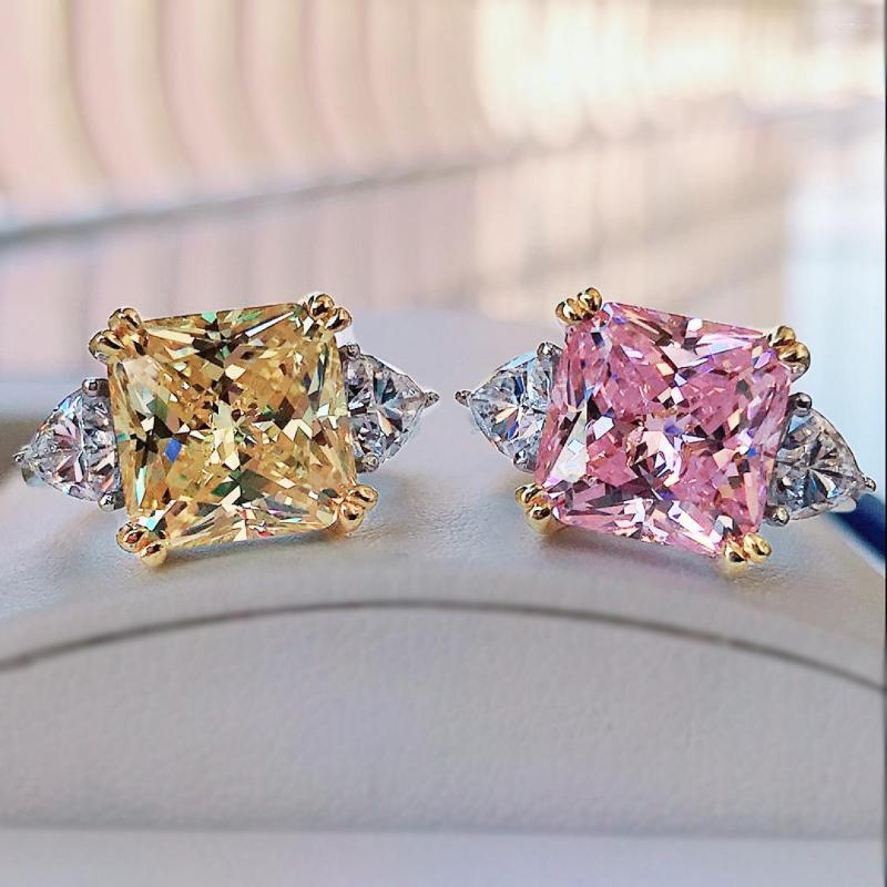

Cluster Rings Luxury Finger 925 Silver Square Simulated Moissanite Pink Quartz Citrine Wedding Women Jewelry