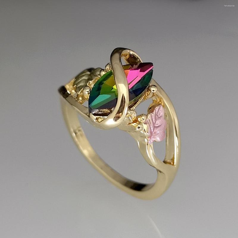

Wedding Rings Vintage Female Crystal Leaf Thin Ring Charm Gold Color Engagement Luxury Rainbow Zircon Stone For Women