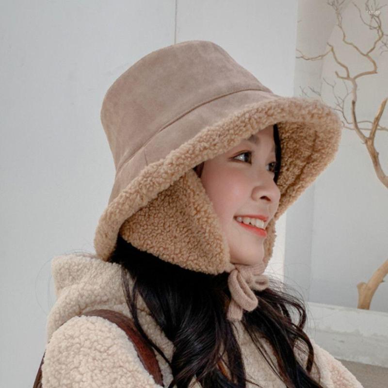 

Berets Women Girls Windproof Solid Color Warm Earmuff Cap Bucket Hat Fisherman Plush Winter, Style2 60-62cm