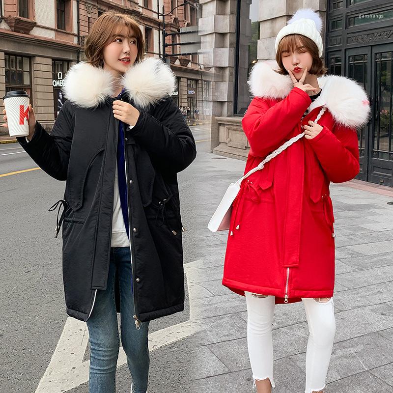 

Women's Trench Coats Autumn And Winter Casual Fashion Long Loose Flocking Down Cotton Coat Jacket Women Warm Big Fur Collar Hooded, Beige