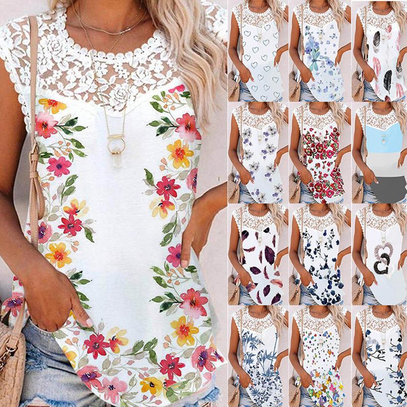 

Women' Tanks Summer Flower Print Round Neck Lace Casual Loose Colored Cotton Women' Vest, Blue