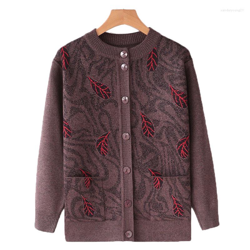 

Women's Knits Middle-aged Elderly Mother Sweater Cardigan Jacket Long Sleeve Single-breasted Knitted Sweaters Autumn Winter Coat Female Tops, Beige
