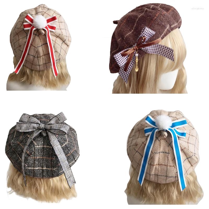 

Berets Plaid Octagonal Woolen Cloth Lolita Beret With Mini Bow-knot 21.65-23.22"