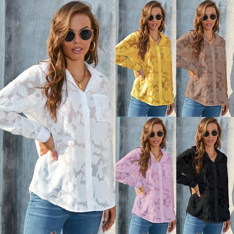 

Women' Blouses Women Loose Casual Chiffon Shirt Top Fashion Elegant Long Sleeve Turn Down Collar Hollow Out Lace Pocket Blouse, Purple