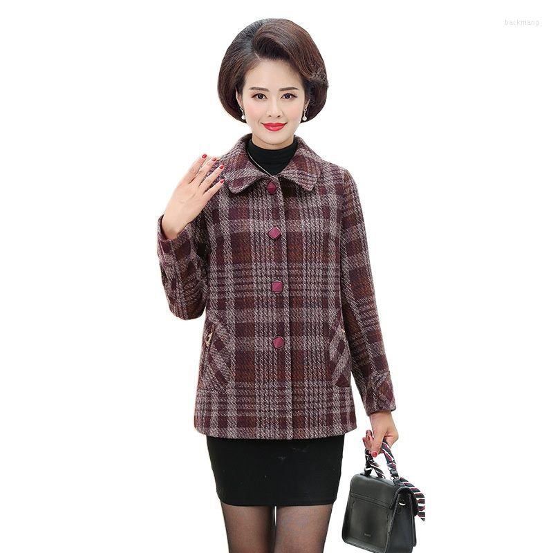 

Women's Wool Fashion Women Woolen Coat 2022 Spring Autumn Blended Plaid Jacket Middle-aged Mother Casual Outerwear Tops 5XL W287, Coffee grid