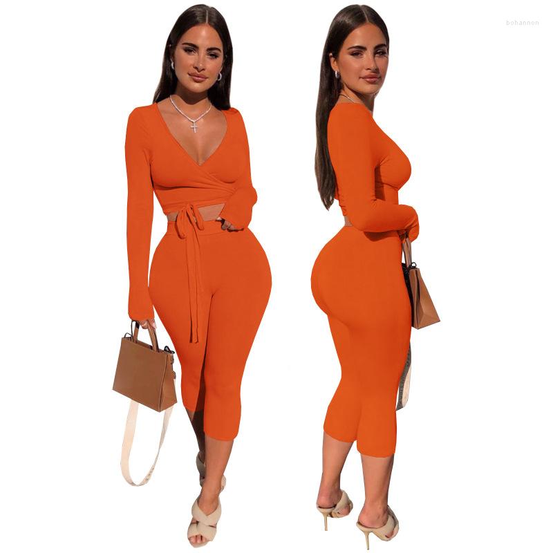 

Women' Tracksuits Short Sets Fashon V Neck Long Sleeve Crop Top Midi Pants Set Tracksuit Sexy Outfits For Woman 2peice, Black