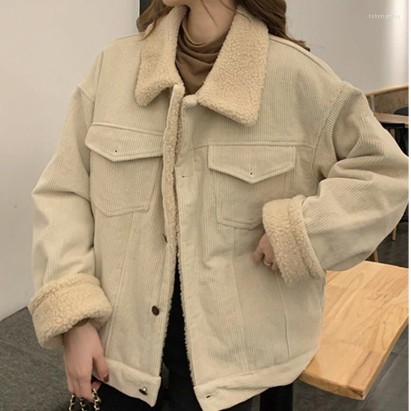 

Women's Down 2022imitation Lamb Wool Thickened Coat Autumn Winter Design Sense Splicing Single Breasted Warm Corduroy Top For Women, Apricot