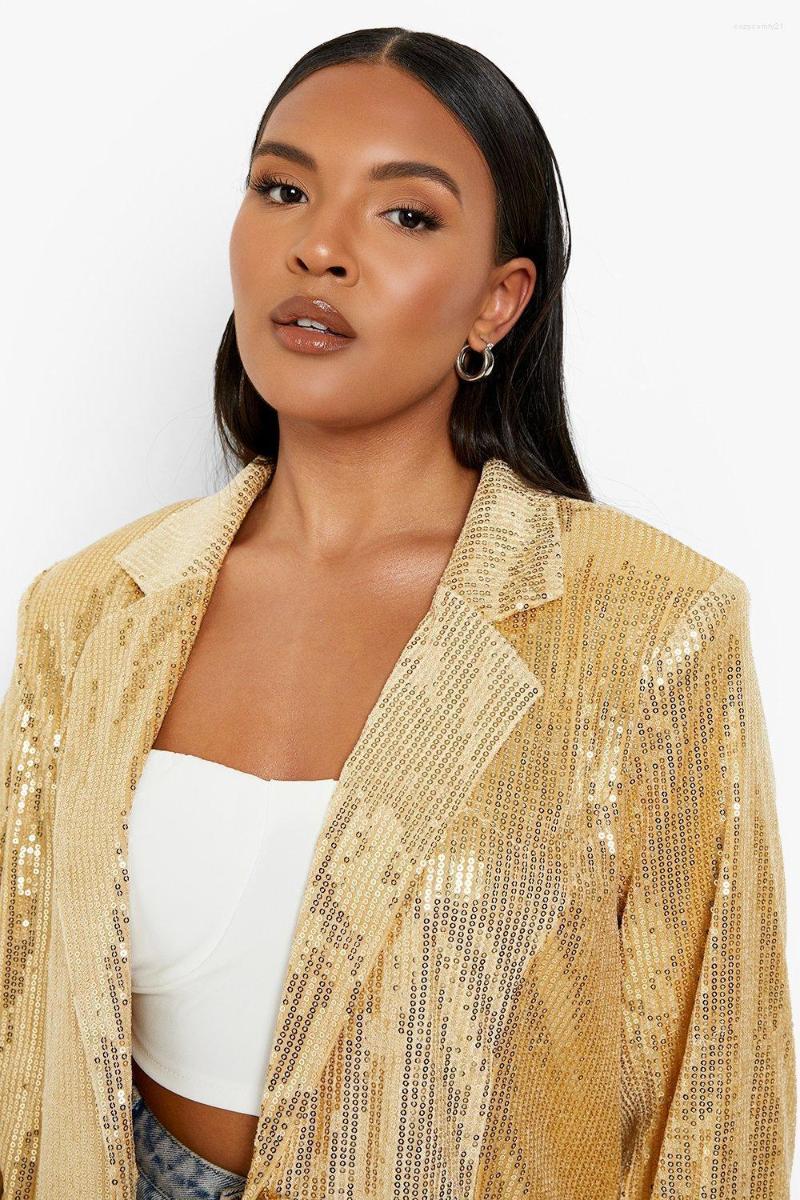 

Women' Suits 2022 Summer Yellow Gold Flakes Solid Color European And American Mid-length Long-sleeved Single-button Short Americ, 2165