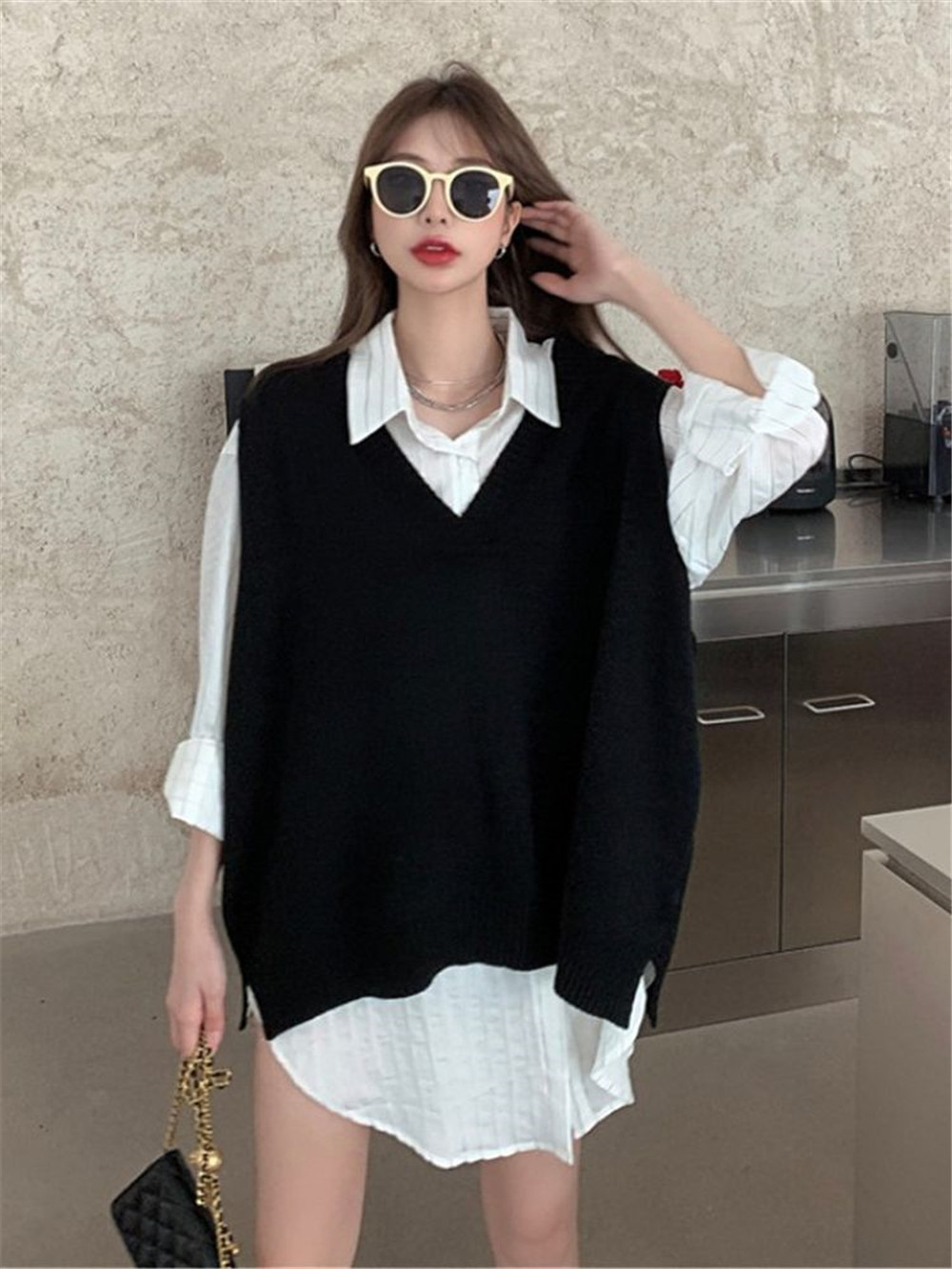 

Women' Vests Autumn Winter Sweater Vest Women Vneck Pureblack Knitted Korean Style Allmatch Basic Preppy Classic Stylish Basic Tops 221202, Black