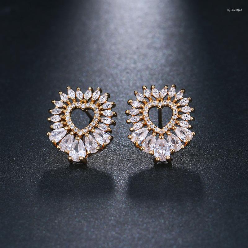 

Stud Earrings 14K Gold Plated High Polish Round Cut Zirconia Exquisite Trendy Heart Openwork For Women Girls