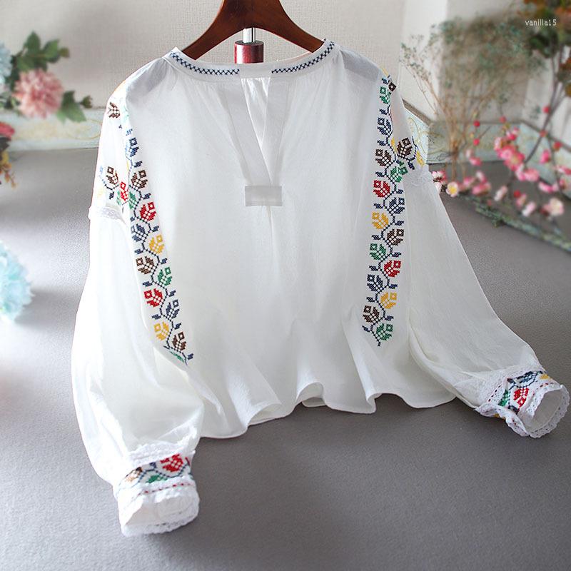 

Women's Blouses SuperAen Embroidery Loose Design Long Sleeve High Waist Cotton Linen Oversize Pullover Shirt Blouse Top, White