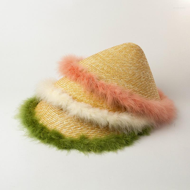 

Wide Brim Hats X321 Adult Wheat Straw Hat Summer Feather Strap Outdoor Sun Cap Shading Beach Caps For Women, Pink