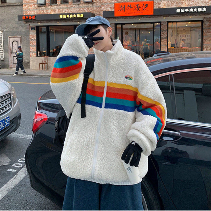 

Men' Down Parkas Autumn and winter lamb wool cotton coat boy Hong Kong style loose rainbow stitching brand handsome casual allmatch coat 221202, Gray