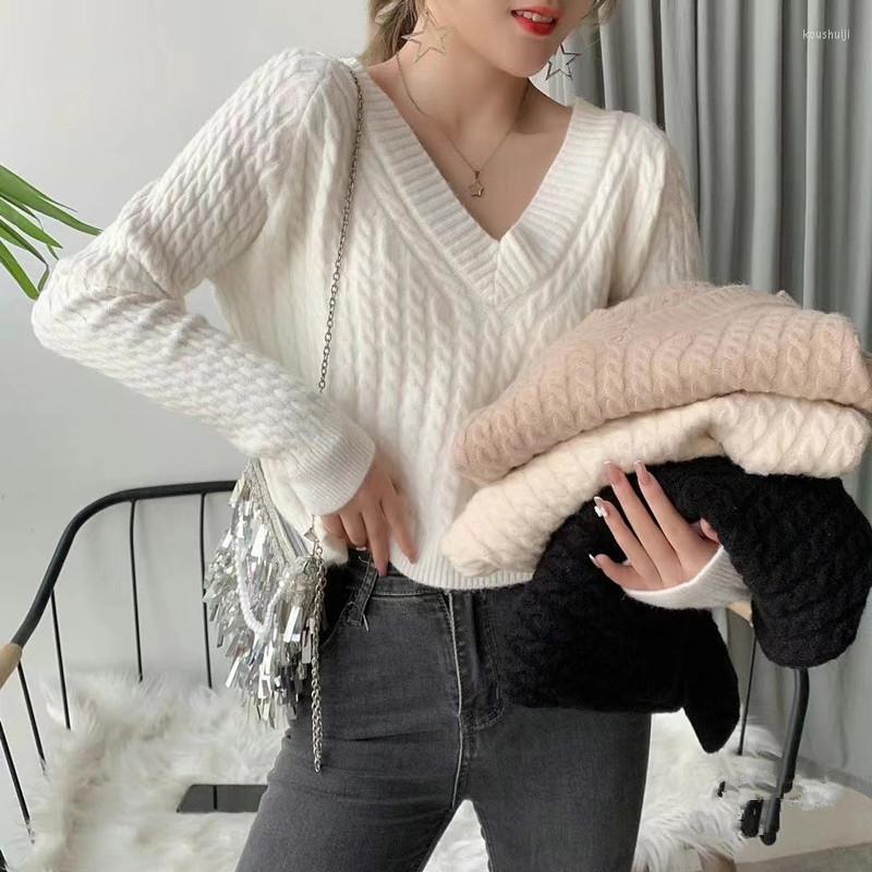 

Women's Sweaters Lazy Style V-neck Twist Profile Pullover Sweater Women Autumn/winter Thin Outer Wear Long-sleeved Knitted Top, Black