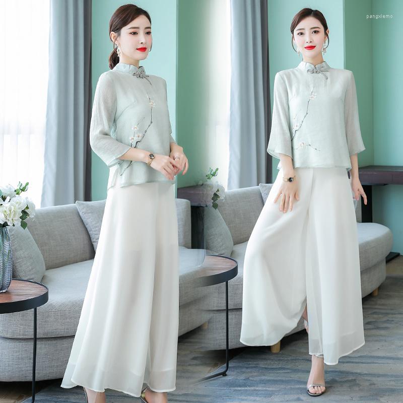 

Ethnic Clothing Chinese Style Two Piece Set Women Chiffon Top Wide Leg Pants Suits Slim Casual Vintage Harajuku Zen National Female
