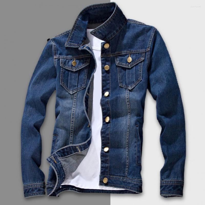 

Men's Jackets Teens Denim Jacket Pockets Autumn Winter Dressing Turndown Collar Buttons Jeans Men Coat For Working, Dark blue